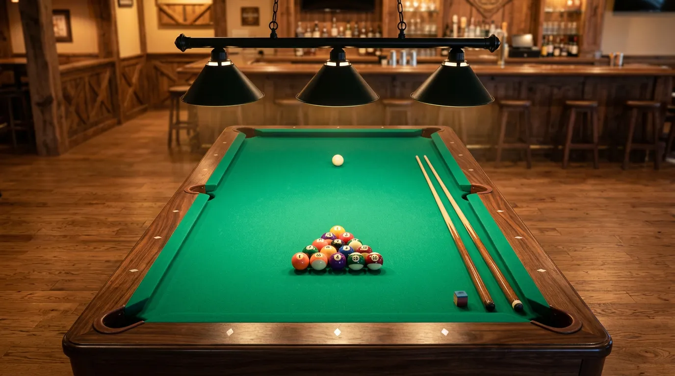 Overhead view of a custom pool table with an illuminated lamp casting warm light across green felt, wooden bar fixtures visible in soft background