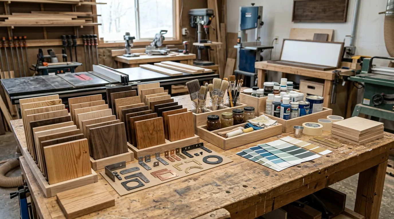 Artisan woodworking workshop with custom sign materials displayed: stained wood samples, metal pieces, finishing tools and color swatches organized on crafting table