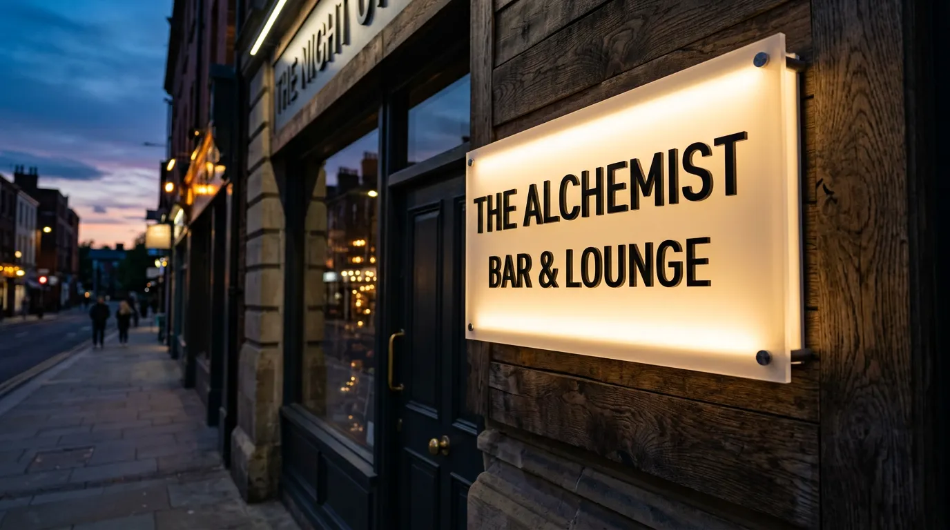 LED backlit illuminated sign glowing warm white at dusk, modern acrylic panel with crisp lettering, mounted on bar facade