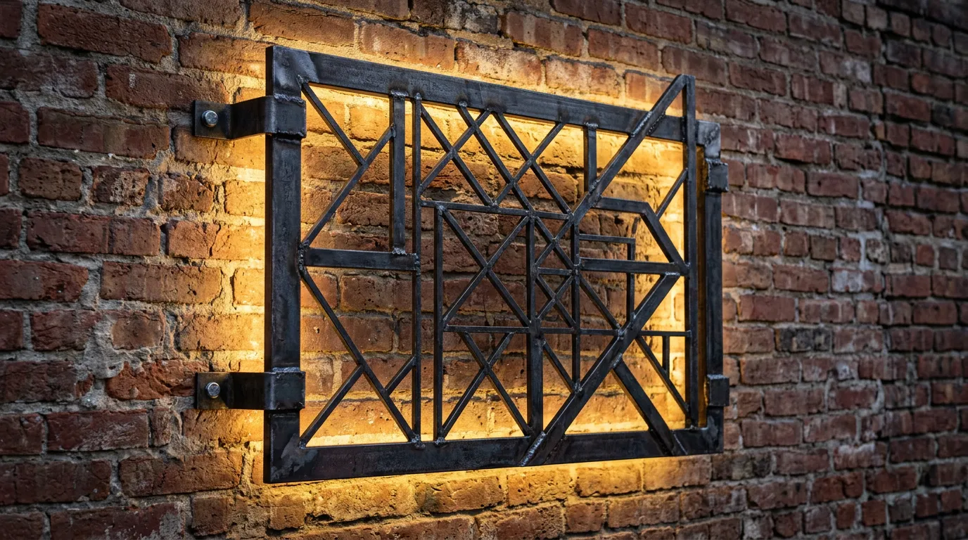 Industrial welded metal sign with geometric design mounted on rustic brick wall, backlit soft golden light