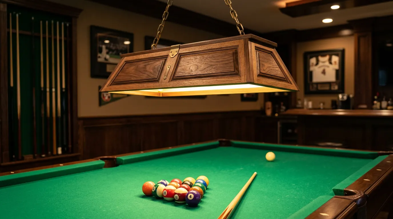 Close-up of a handcrafted wooden pool table lamp with LED lighting illuminating the shade, professional game room setting